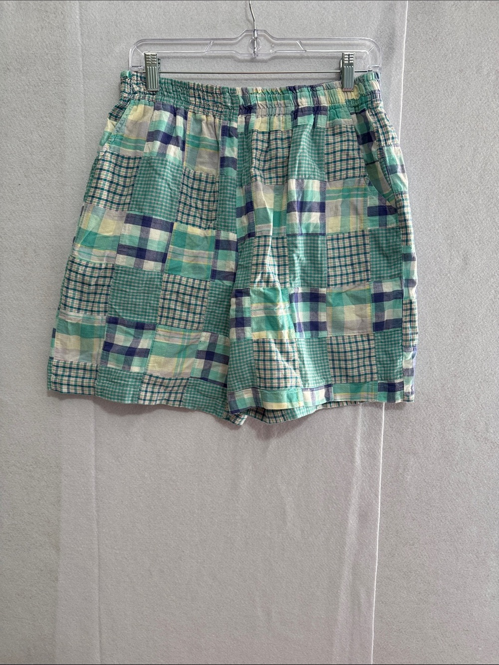Real Comfort Vintage Cottagecore Plaid Cotton Shorts in Mint & Navy Patchwork